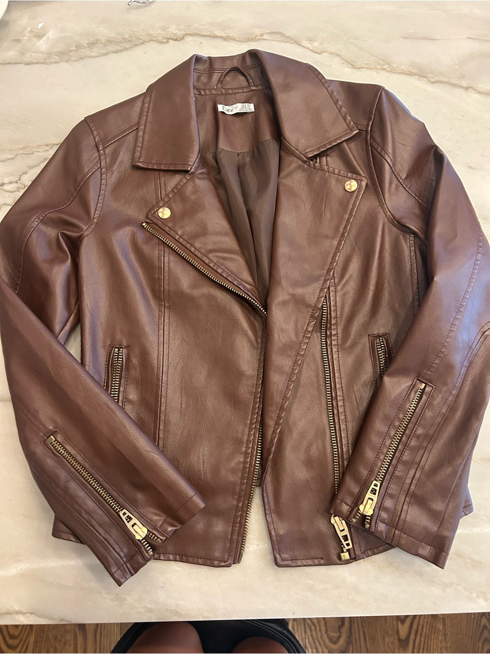 Dex Brown Faux Leather Moto Jacket with Gold Hardware